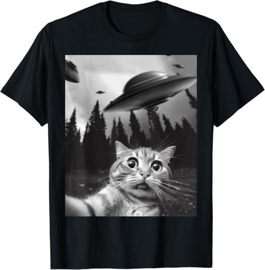 Funny Cat Shirts, Funny Cat Selfie with UFOs T-Shirt - Menswear Top