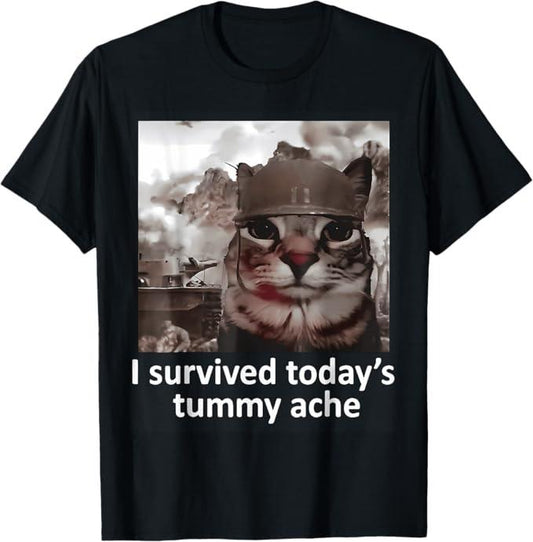 Funny Cat Shirts, I Survived Today's Tummy Ache Groovy Funny Cat T-Shirt - Menswear Top