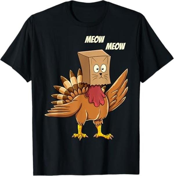 Funny Cat Shirts, Thanksgiving Turkey Cat Meow Funny Men Women Thanksgiving T-Shirt - Menswear Top