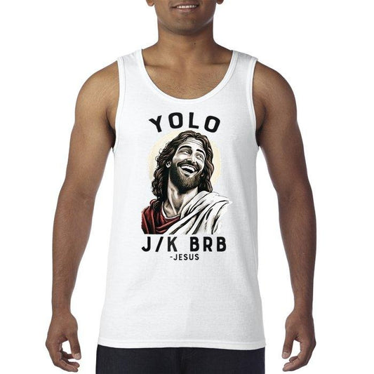 Funny Christian Easter Jesus YOLO JK BRB Fun Christian Summer Cotton Menswear Tank Top