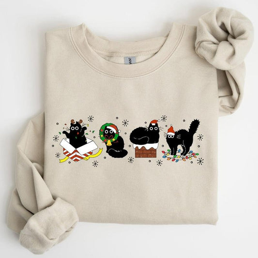 Funny Christmas Cats, Black Cat, Santa, Xmas Sweatshirt, Crew Neck, Women's, Crewneck