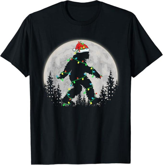Funny Christmas Shirt, Christmas Gift, Bigfoot Santa Christmas Tree Lights Funny Xmas Sasquatch T-Shirt - Menswear Top