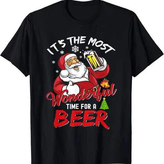 Funny Christmas Shirt, Christmas Gift, Funny Christmas Santa Claus Drinking Beer Wonderful Time T-Shirt - Menswear Top
