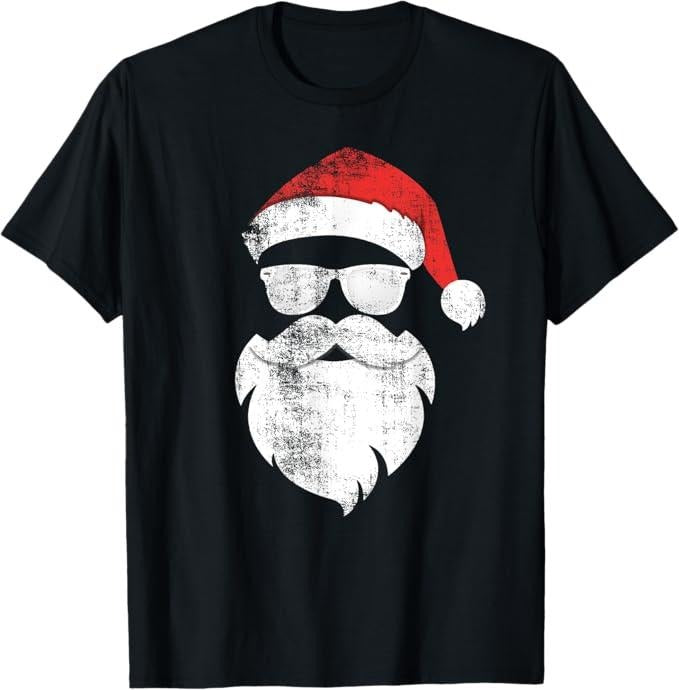 Funny Christmas Shirt, Christmas Gift, Funny Hipster Santa Face With Hat Beard & Glasses Christmas T-Shirt - Menswear Top