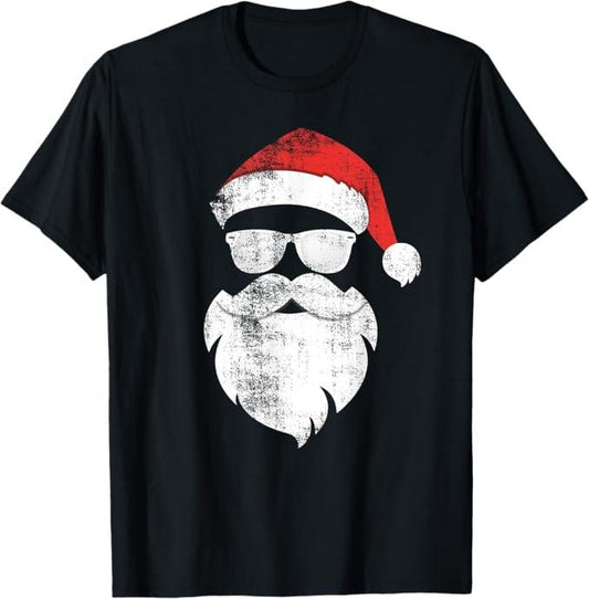 Funny Christmas Shirt, Christmas Gift, Funny Hipster Santa Face With Hat Beard & Glasses Christmas T-Shirt - Menswear Top