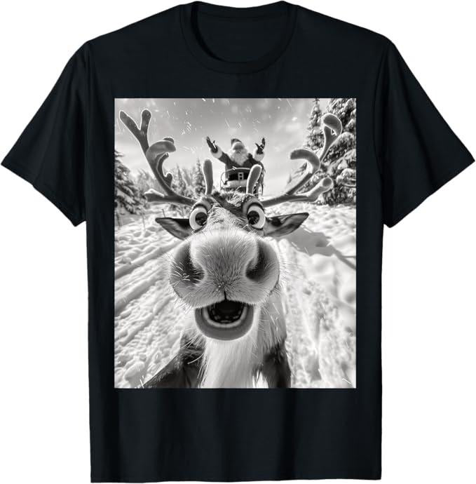 Funny Christmas Shirt, Christmas Gift, Funny Reindeer Selfie Christmas T-Shirt - Menswear Top