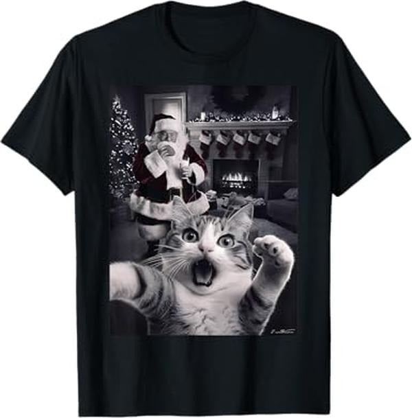 Funny Christmas Shirts, Funny Cat Selfie With Santa Christmas T-Shirt - Menswear Top