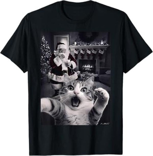 Funny Christmas Shirts, Funny Cat Selfie With Santa Christmas T-Shirt - Menswear Top