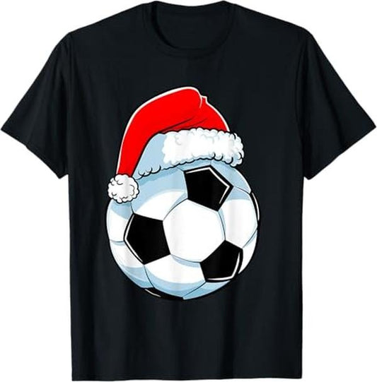 Funny Christmas Shirts, Soccer Christmas Funny Santa Hat Ball Sports T-Shirt - Menswear Top