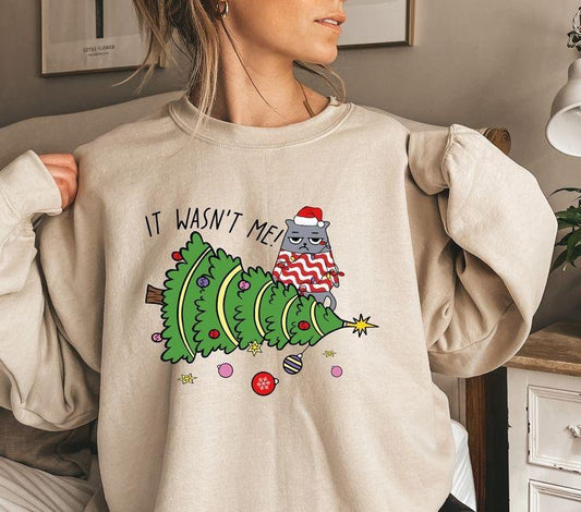 Funny Christmas Sweatshirt, Christmas Gift For Women, Funny Cat Sweatshirt, Christmas Tree Sweatshirt, Mens Christmas Sweater,