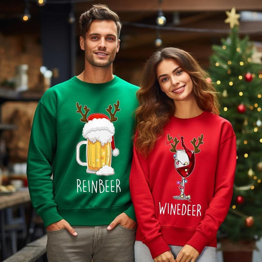 Funny Couple Christmas Shirts, Christmas Sweatshirt, Couples Sweaters, Reindeer Sweatshirt, Winedeer Reinbeer Sweatshirts, Long Sleeve Crewneck Shirt