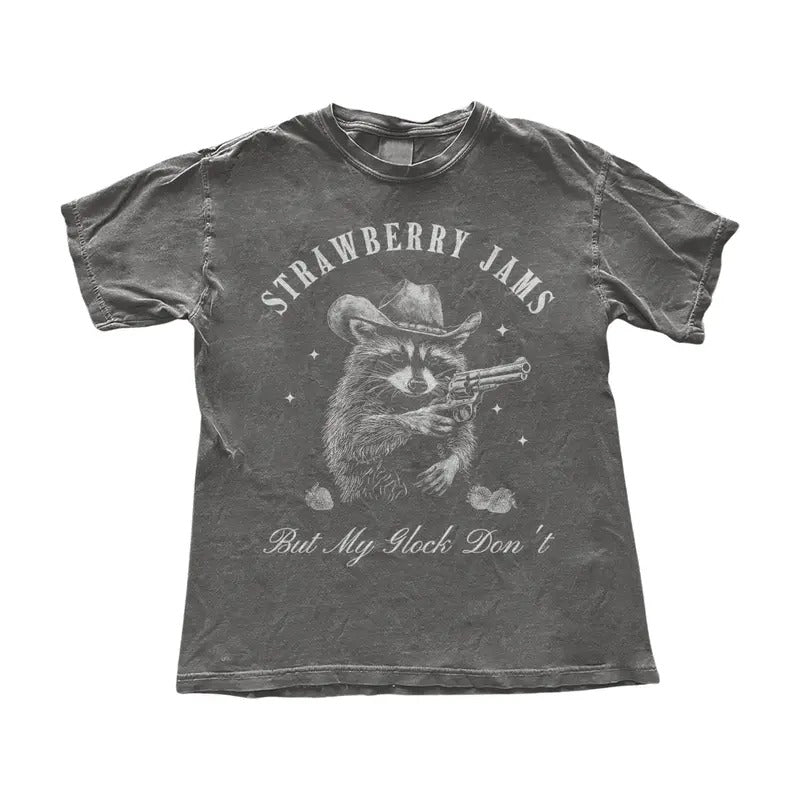 Funny Cowboy Raccoon Strawberry Jams T-Shirt - Vintage Style Western Graphic Tee - Funny Trendy Oversized Shirt