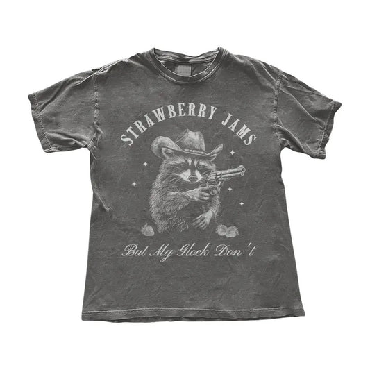 Funny Cowboy Raccoon Strawberry Jams T-Shirt - Vintage Style Western Graphic Tee - Funny Trendy Oversized Shirt