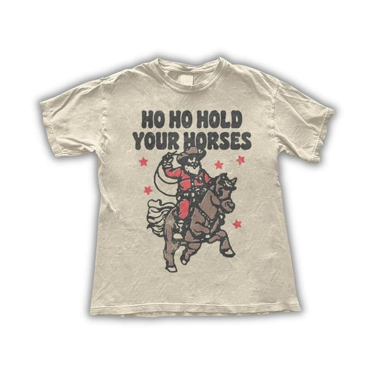Funny Cowboy Santa Christmas Shirt - Ho Ho Hold Your Horses Graphic Tee - Retro W Cowboy Western Shirt - Holiday Humor Tee Menswear Top