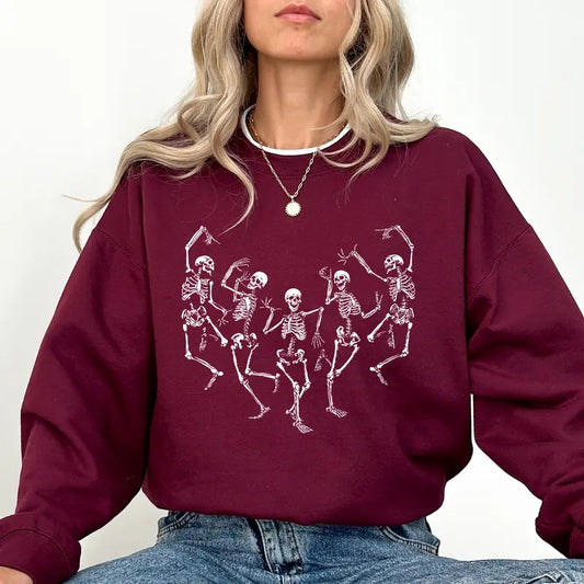 Funny Dancing Skeleton Sweatshirt, Spooky Skeletons Halloween Crewneck, Creepy Skeleton Sweater, Halloween Party Tops, Skeleton Lover Gift, Spooky Season Sweatshirt, Comfy Long Sleeve Pullover, Women's Tops, Casual Womenswear, Comfort Fabric Cotton Top