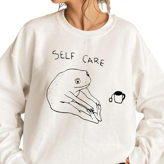 Funny Frog Self Care Sweatshirt, Funny Frog Self Care Retro Sweatshirt, Cottagecore Frog Sweatshirt, Unisex Sweatshirt, Long Sleeve Crewneck, Gifts For Birthday Mothers Day Christmas Anniversary