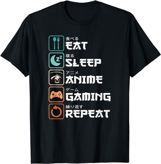 Funny Gamer Shirts, Special Gifts For Gamers, Eat Sleep Anime Gaming Repeat Funny Otaku Gamer T-Shirt Menswear Top Casual Classic