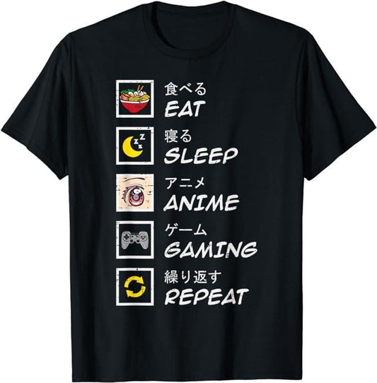 Funny Gamer Shirts, Special Gifts For Gamers, Eat Sleep Anime Gaming Repeat Gamer Teen Boys Girls T-Shirt Menswear Top Casual Classic