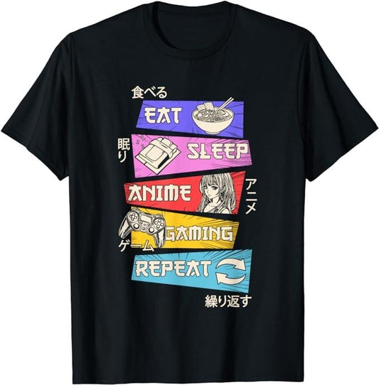 Funny Gamer Shirts, Special Gifts For Gamers, Eat Sleep Anime Gaming Repeat Otaku Gamer Japanese Anime T-Shirt Menswear Top Casual Classic
