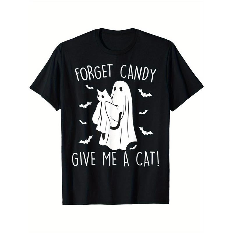 Funny Halloween Cat Ghost Forget Candy Give Me Cat Halloween T-Shirt - Casual Summer Tee for Men - Soft, Breathable, Cotton, Relaxed Fit, Unique Graphic Design, Humorous Tee, Perfect for Casual Daily Wear made in usa