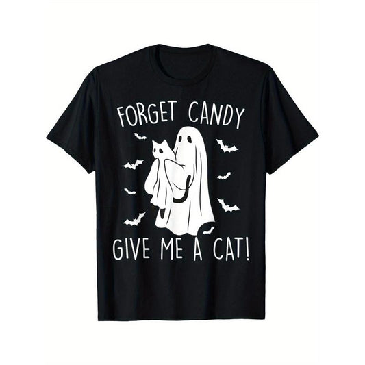 Funny Halloween Cat Ghost Forget Candy Give Me Cat Halloween T-Shirt - Casual Summer Tee for Men - Soft, Breathable, Cotton, Relaxed Fit, Unique Graphic Design, Humorous Tee, Perfect for Casual Daily Wear made in usa