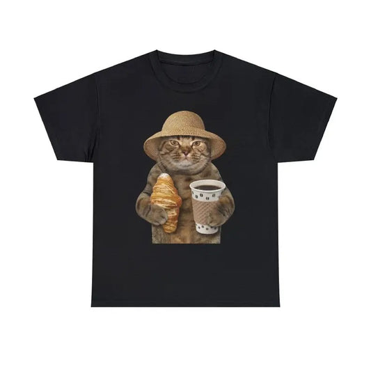Funny Meme Shirt, Cat With Coffee And Croissant Tee, Gift Unisex T-Shirt