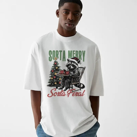 Funny Meme Sorta Merry Graphic Shirt, Unisex Retro Sorta Feral Tee Gift, Vintage Style Cotton Christmas Shirt, Raccoon Shirt, Humorous Quote Merch
