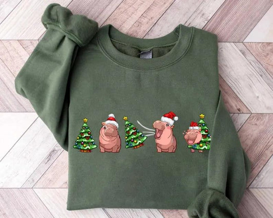 Funny Moo Deng Christmas Sweatshirt, Moo Deng Christmas Tree Sweatshirt, Festive Holiday Sweatshirt, Baby Hippo Moo Deng