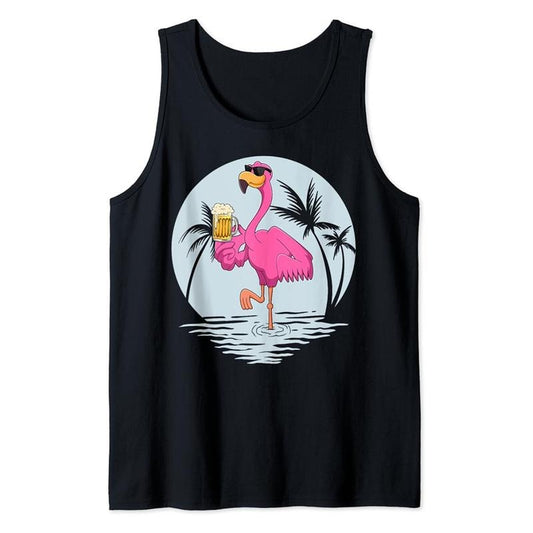 Funny Vacation Tank Top, Funny Pink Flamingo Bird With Mug Of Beer Summer Vacation Tank Top Unisex Casual Cotton