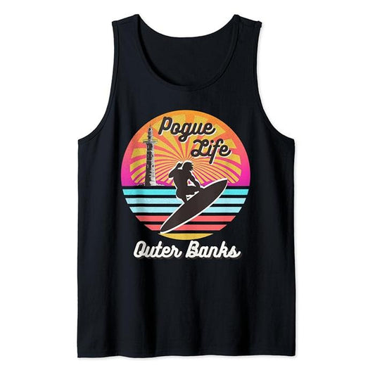 Funny Vacation Tank Top, Surfer Pogue-Life-Outer-Banks Light Houses Retro Distressed Tank Top Unisex Casual Classic