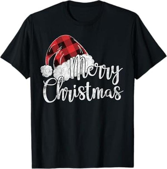 Funny Xmas Men Women Family T-Shirt, Merry Christmas Gift Cute Plaid Santas Hat Funny Women Xmas T-Shirt - Menswear Top