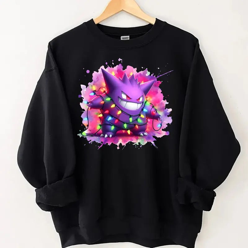 Gengar Christmas Lights Watercolor Sweatshirt, Gengar Pokemon Kaiju Sweatshirt, Japanese Monster Gengar Shirt Fan Gifts, Gengar Kaiju Shirt, Pokemon Ghost Shirt, Pokemon Fans Sweatshirt, Pokemon Shirt, Japanese Anime Movie Shirt