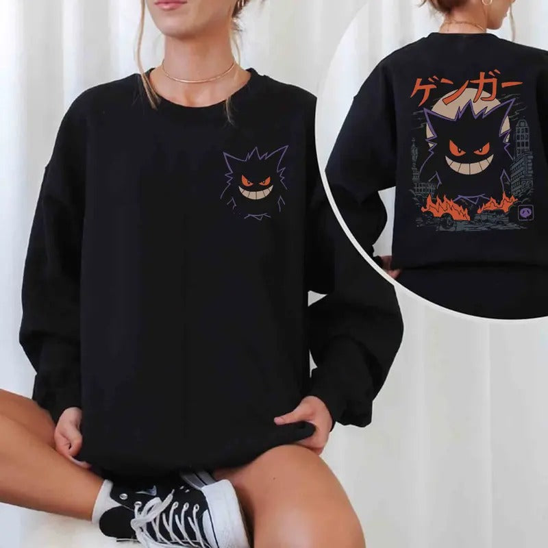 Gengar SWEATSHIRTS | Gengar 2 Sides Sweatshirt | Dark Ghost Kaiju Japanese Style SWEATSHIRTS | Japanese Anime Movie Film Nerd Gaming Novelty Funny Unisex Sweatshirts, Halloween Sweatshirt, Gengar Halloween Sweatshirt