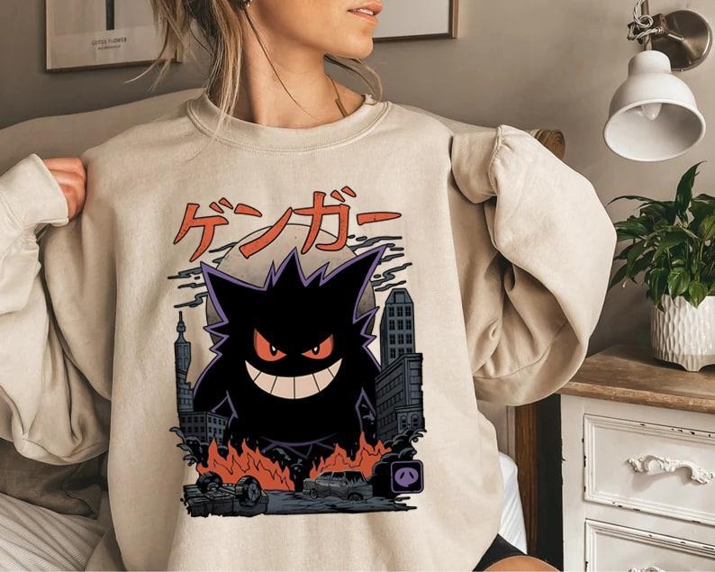 Gengar Sweatshirt, Dark Ghost Kaiju Japanese Style Shirt , Japanese Anime Movie Sweatshirts, Halloween Sweatshirt, Halloween Shirt, Unisex Classic Cotton Graphic Print All Sizes for Men and Women
