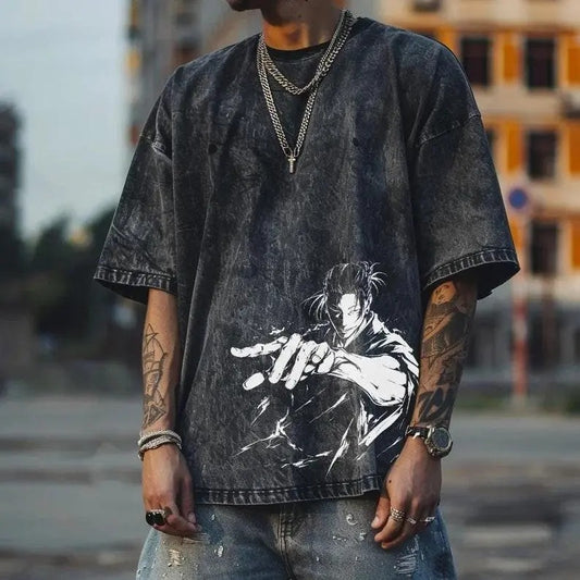 Geto Special Anime T-shirt, Loose Fit, Japanese Street Shirt, Washed Cotton, Anime Print, Classic Style, Black Color