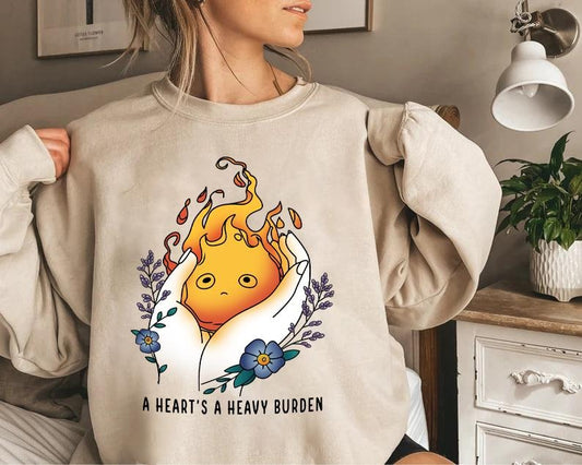 Ghibli Studio Calcifer Sweatshirt, A heart's A Heavy Burden Shirt, Floral Calcifer Shirt, Howls Moving Castle Shirt, Howl and Sophie Shirt, Calcifer Sweatshirt, Ghibli Calcifer Shirt, Hayao Miyazaki, Anime Lover Sweater, Trending Ghibli Shirtstyle{n002}2