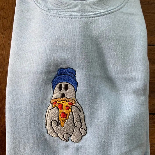 Ghost Eating Pizza Embroidered Crewneck Sweatshirt