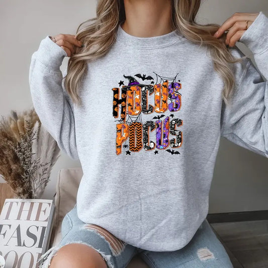 Gildan Hocus Pocus Halloween Crewneck Sweatshirt for Women Casual Soft Pullover Long Sleeve Tops Festive Design Comfortable Fit Womenswear Everyday Ash Gray Elegant Hoodie
