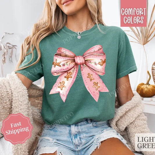 Gingerbread Bow Shirt Holiday Tshirt,  Women's Holiday Tee