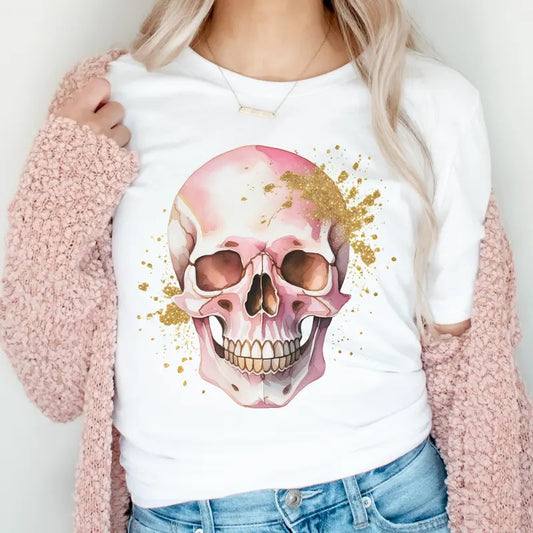 Girly Skull Tshirt Pink and Gold Girly Skull Tee Womens Skull Top Gold and Pink Skull Top Girly Rocker Tee