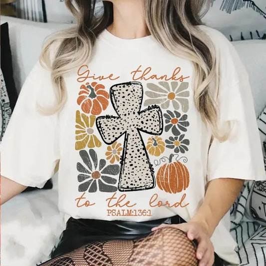 Give Thanks To The Lord T-shirt Sweatshirt Hoodie, Fall Pumpkin Shirt, Thanksgiving Gift, Bible Verse Shirt, Boho Floral Christian, Jesus Cross, Dalmatian Dots