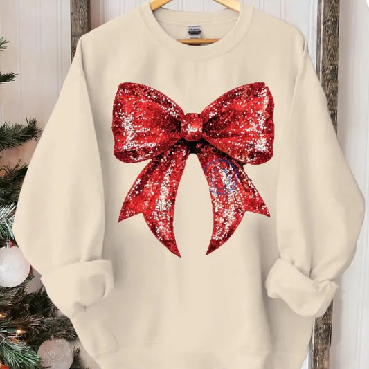 Glitter Red Santa Bow Shirt, Sparkle Christmas Bow Sweatshirt, Holiday Spirit Shirt, Cute Christmas Bow Sweater , Girly Bow Sweatshirt