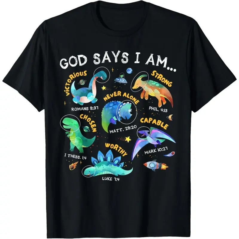 God Says I Am Outer Space Dinosaur Bible Christian Kids Boys T-Shirt  made in usa