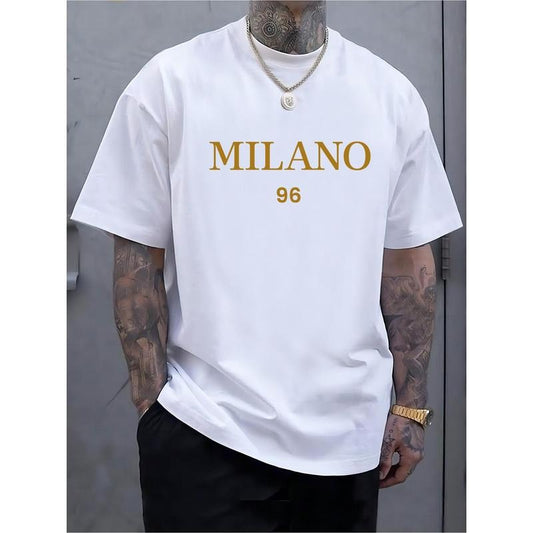 Golden Foil Milano Print Tee - Men's Round Crew Neck Short Sleeve T-Shirts - Breathable, Comfy, Regular Fit, Casual Fashion Top for Spring Summer Holiday Leisure Vacation - Perfect Gift for Him Made in USA