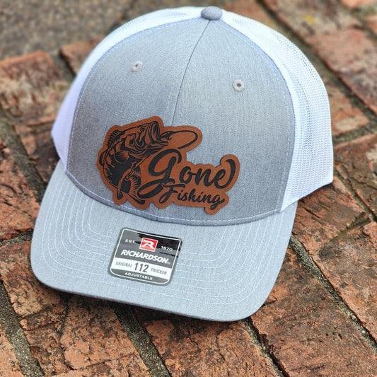 Gone Fishing Patch Heather Grey and White Richardson 112 Trucker Hat - Bass Fishing, Avid Fisherman Gift, Hooked, Pick your color hat