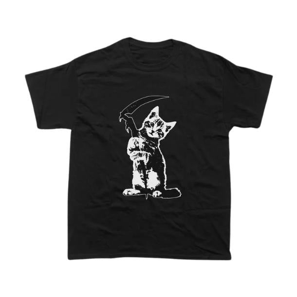 Grim Reaper Cat T-Shirt, Unisex Graphic Tees Gothic Grunge Y2k Emo Scene Amity Affliction Style Clothes Men Women Streetwear