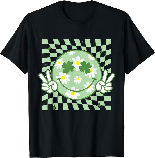 Groovy Shamrock Smile Face St Patricks Day Men Funny T-Shirt | Unisex Cotton Tee, Short Sleeve, Crewneck, Size S-5XL