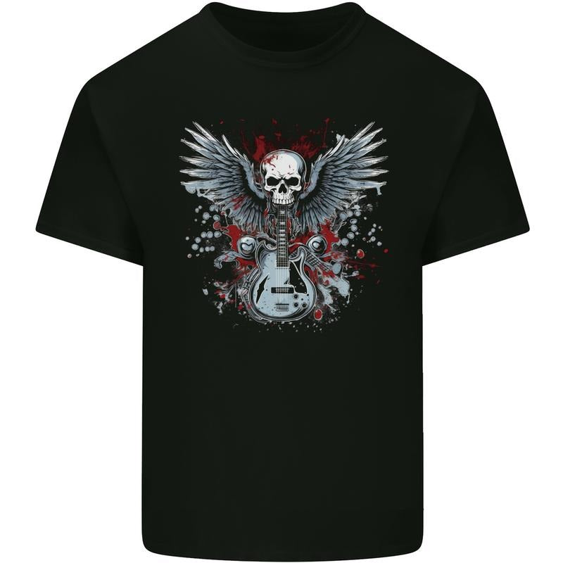 Guitar & Skull Heavy Metal Rock Music Wings Mens Cotton T-Shirt Tee Top Made in USA