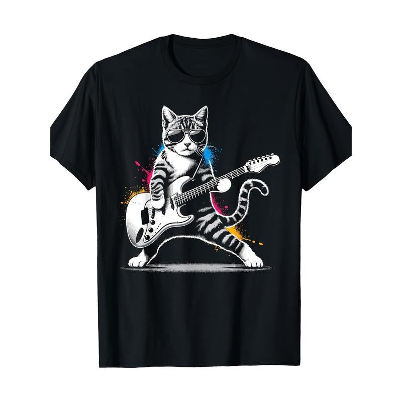 Guitar Cat Novelty Rock Music Band Concert Funny Cat 220g 100% Cotton T-Shirt  made in usa