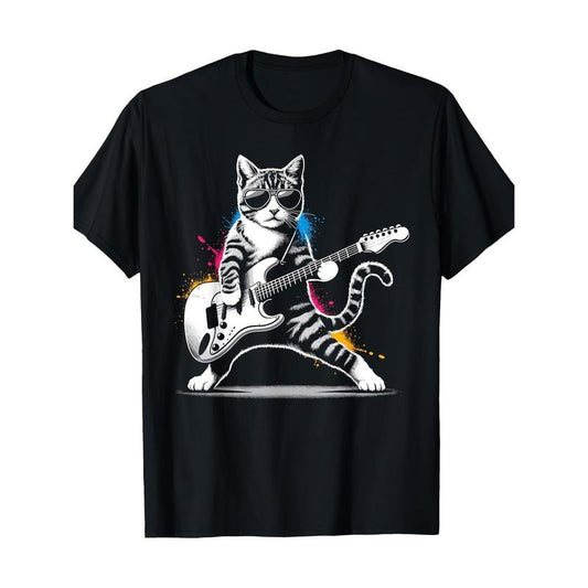 Guitar Cat Novelty Rock Music Band Concert Funny Cat 220g 100% Cotton T-Shirt  made in usa